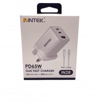 INTEK 65W Travel Fast Charger with cable 3-PORT 2X Type-C X USB